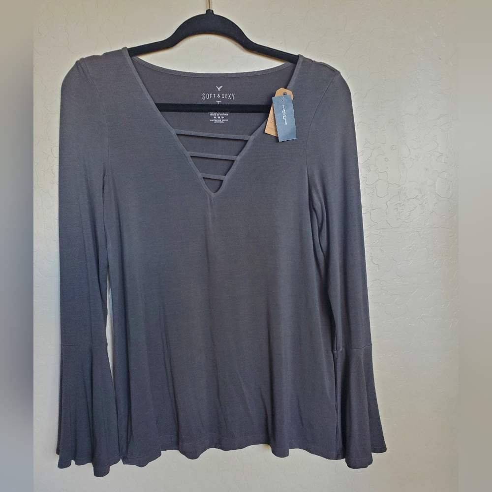 American Eagle Outfitters Soft & Sexy Charcoal Gray Long Sleeve Top Womens Med